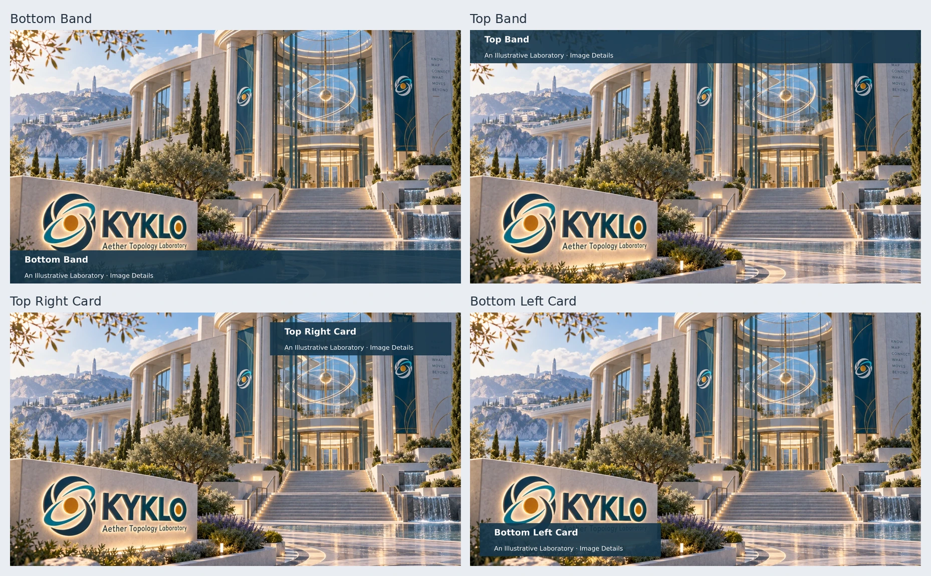 Four image slides comparing bottom and top caption bands with top-right and bottom-left inset cards