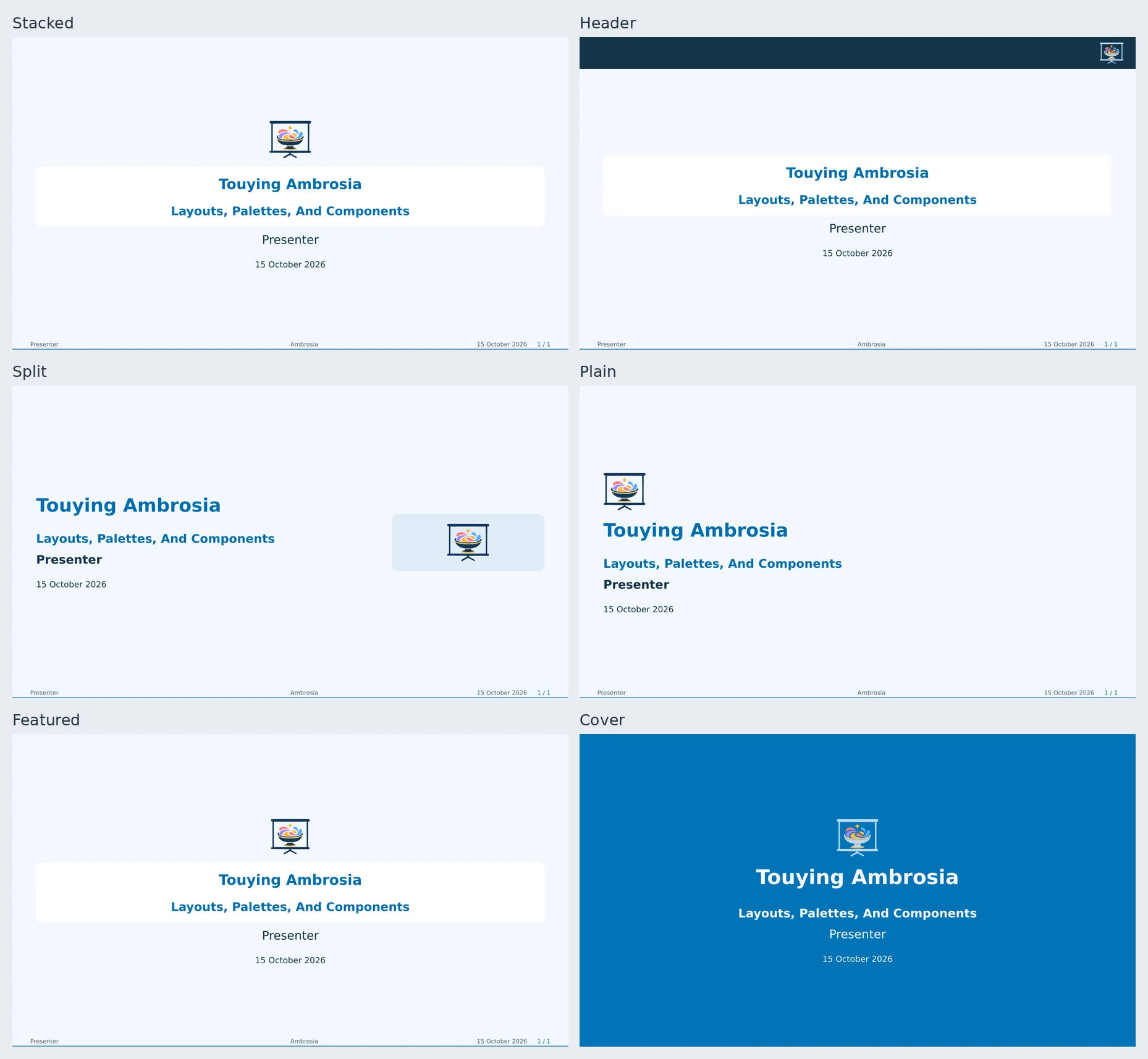 Six title layouts with the same metadata and project logo