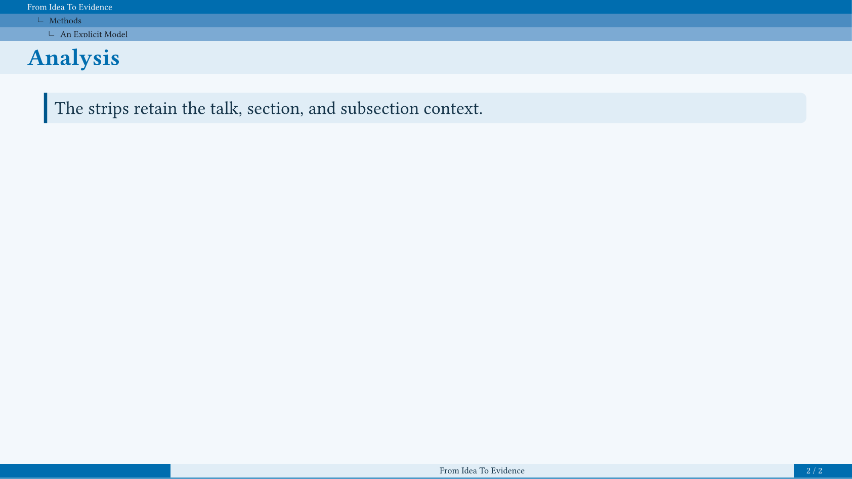 A Cambridge slide with thin tree strips for the talk, section, and subsection.